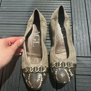 AGL Taupe and Gold Chain Flats with Snakeskin Detail